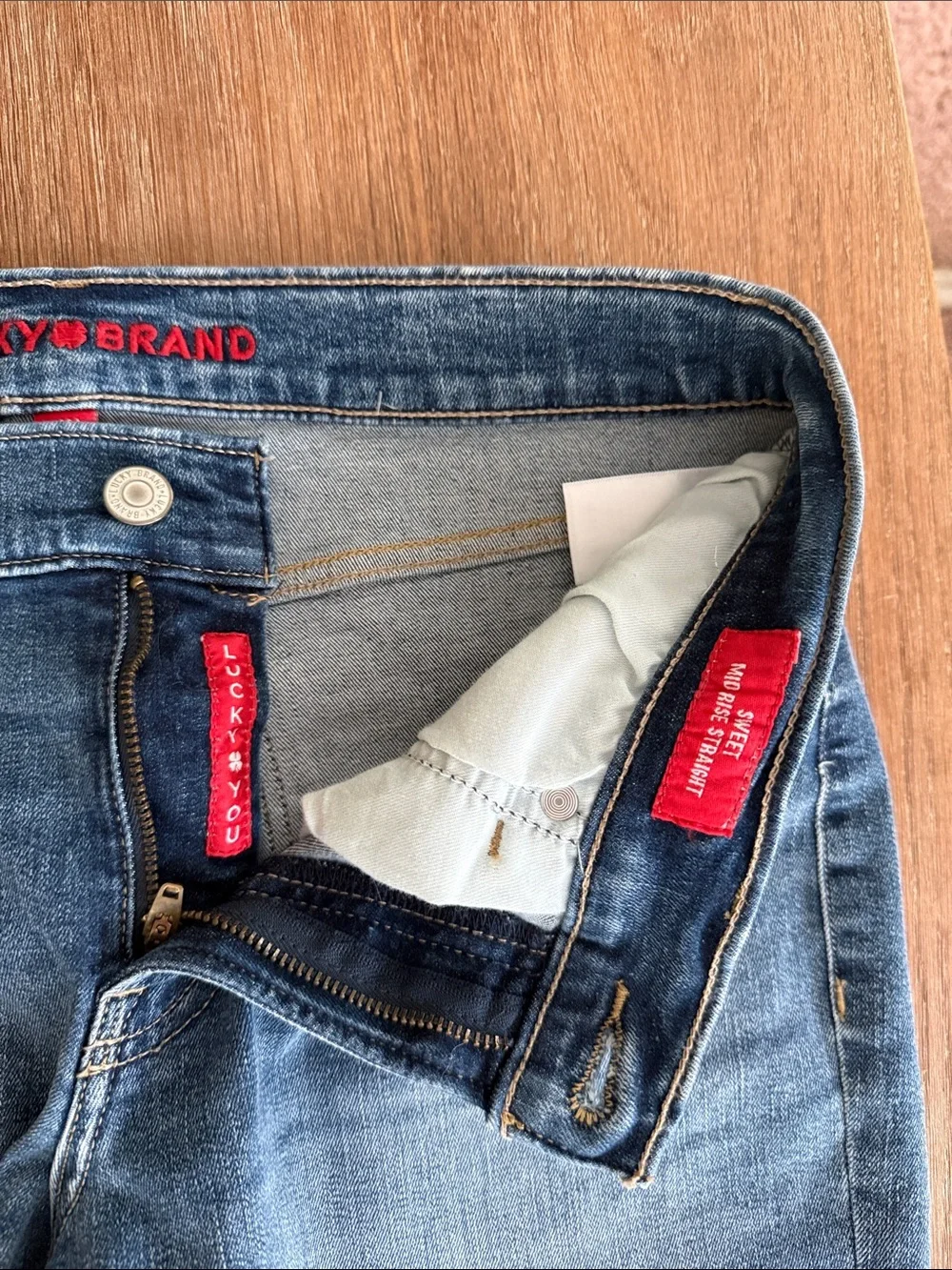 Lucky Brand Medium Blue Straight Jeans with Floral Embroidery